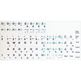   Laptop billentyűzet matrica szett, komplett (fehér alapon fekete betűk, kék jelek, magyar)