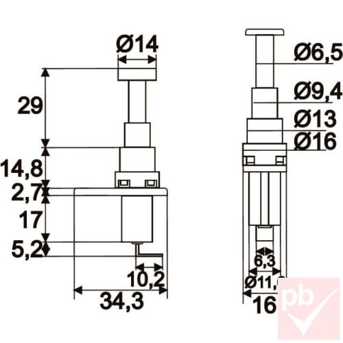 Nyomógomb, kerek, 1 körös, 2 láb, bútorba-autóba, 12V 20A