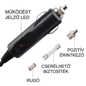   Szivargyújtó dugó, lengő, gumi törésgátló, 3A biztosíték, visszajelző LED