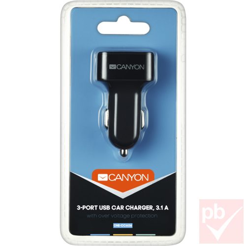 Canyon CNE-CCA06B autós USB töltő 3x aljzattal, fekete (12/24V DC 3.1A)