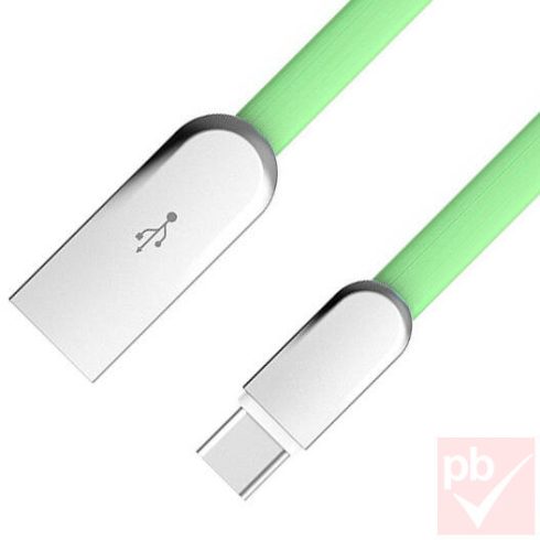 USB 2.0 A-C összekötő kábel, 1.0m, zöld, lapos kábel, fém csatlakozók