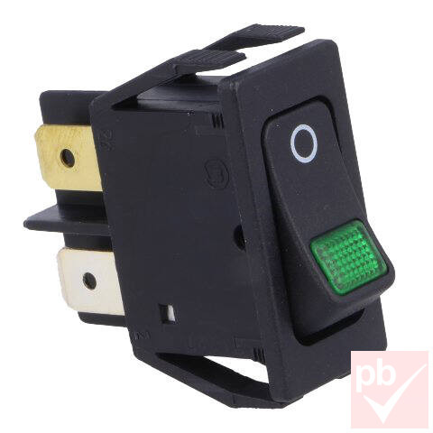 Billenő kapcsoló, szögletes, fekete, zöld vil., 2 körös, 2 állású, 30x15x30mm