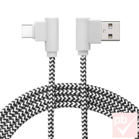 USB 2.0 A-C összekötő kábel, 2.0m, fekete-fehér fonott, 90° (Delight 55444C-BW)