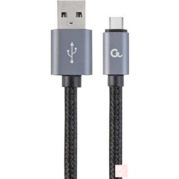   USB 2.0 A-C összekötő kábel, 1.8m, fekete, fonott bevonat, fém csatlakozók