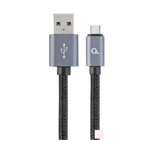USB 2.0 A-C összekötő kábel, 1.8m, fekete, fonott bevonat, fém csatlakozók