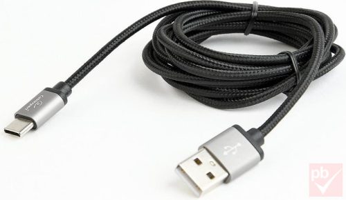 USB 2.0 A-C összekötő kábel, 1.8m, fekete, fonott bevonat, fém csatlakozók