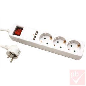   Hálózati elosztós hosszabbító, fehér, 3 aljzat, kapcsolós, 2x USB aljzat 1.5m
