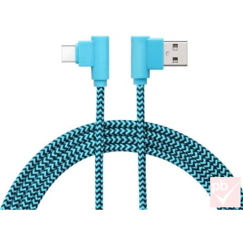 USB 2.0 A-C összekötő kábel, 2.0m, kék-fekete fonott, 90° (Delight 55444C-BB)