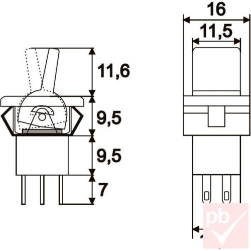 Karos kapcsoló, 2 körös, 2 állású visszaálló, 250V 3A, forrasztható