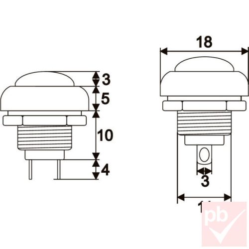 Nyomógomb, kerek, 1 körös, 2 láb, zöld, 250V 1A