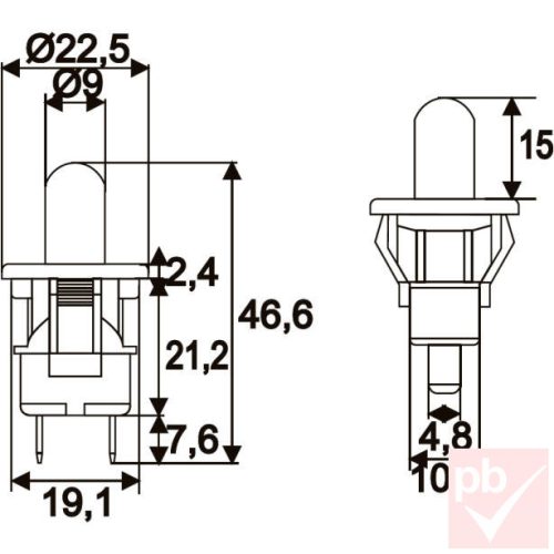 Nyomógomb, kerek, 1 körös, 1 állású, 2 láb, bútorba, fehér, 250V 2.5A