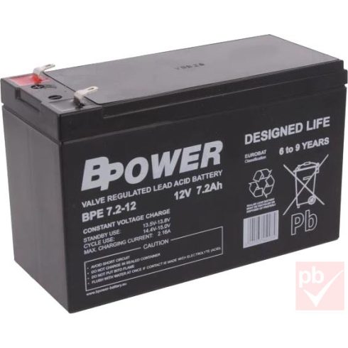 BPower BPE 7.2-12 12V 7.2Ah ólom-savas akkumulátor (élettartam: 6-9 év)