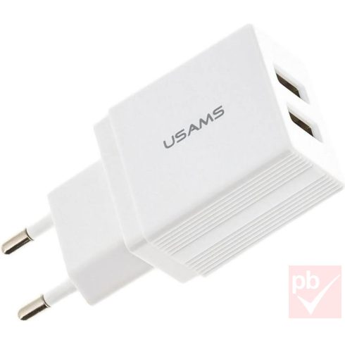 Usams hálózati USB töltő 2db aljzattal (2.1A, fehér)