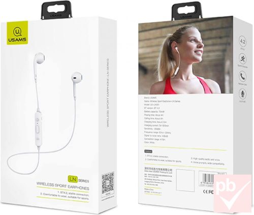 Usams LN-01 fehér sztereó Bluetooth headset sportoláshoz