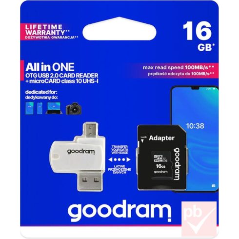 Goodram 16GB micro SD memóriakártya adapterrel, OTG kártyaolvasóval