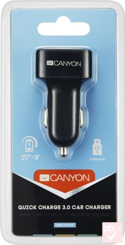 Canyon C-07 autós QC3.0 USB töltő 3x aljzattal, fekete (12/24V DC 2.1A)
