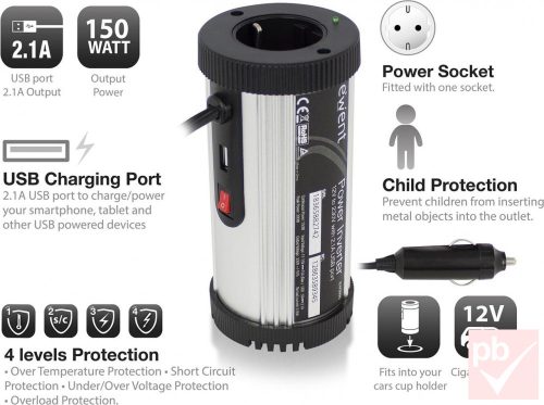 Ewent EW3990 autós inverter (12V->230V 150W)