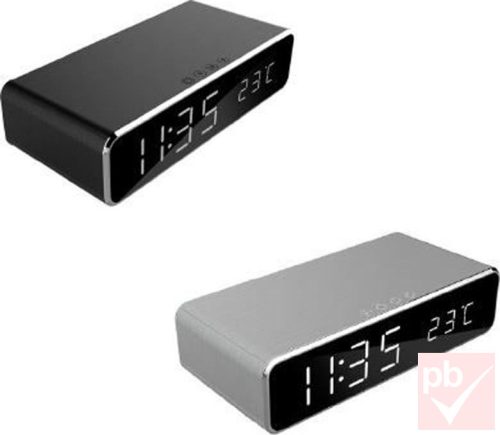 Gembird digitális LED ébresztőóra vezeték nélküli telefon töltővel, hőmérséklet kijelzéssel (ezüst)