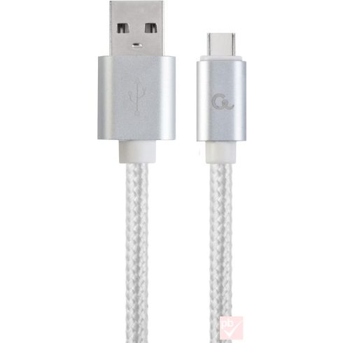 USB 2.0 A-C összekötő kábel, 1.8m, fehér, fonott bevonat, fém csatlakozók