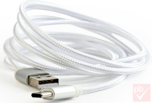 USB 2.0 A-C összekötő kábel, 1.8m, fehér, fonott bevonat, fém csatlakozók