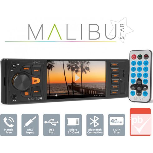 MNC Malibu Star autó HiFi fejegység (4x50W, 4" LCD, RGB, USB, BT, SD, AUX,1 DIN)
