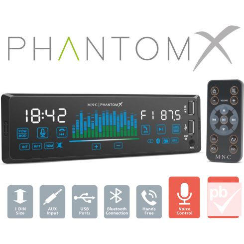 MNC PhantomX autó HiFi fejegység (4x50W, Touch front, Voice ctrl, Bluetooth, USB, AUX)
