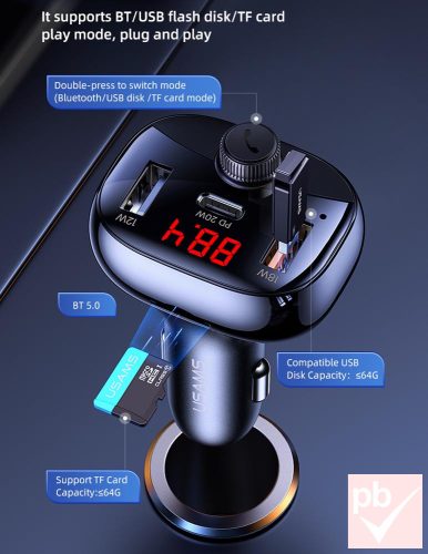 Usams Bluetooth telefon kihangosító FM transzmitterrel, 50W töltővel