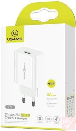 Usams T22 hálózati USB gyorstöltő 1db aljzattal QC3.0 (3A, 18W, fehér)