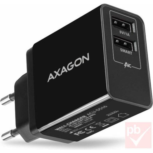 Axagon hálózati USB gyorstöltő 2db aljzattal (16W, fekete)