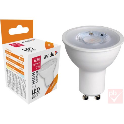 Avide LED fényforrás, GU10, 7W, 4000K, 630lm, spot 36°