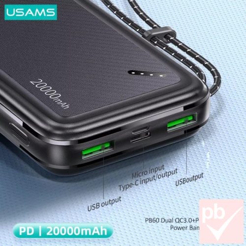 Usams PB60 Dual QC3.0+PD hordozható akkumulátor (20000mAh, fekete)