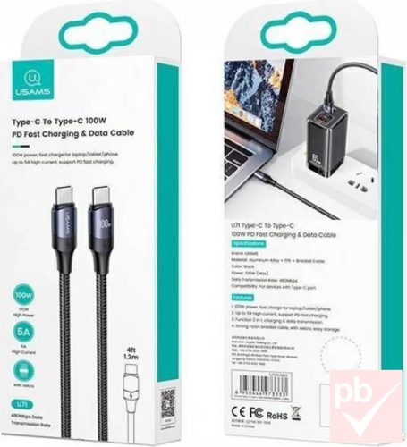 Usams U78 C-C (Type-C) PD összekötő kábel kijelzővel, 1.2m, 5A, 100W