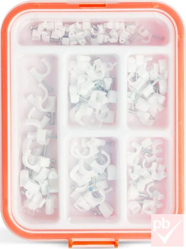 Handy kábelrögzítő fül+szeg készlet, műanyag rekeszes tárolóval (125db-os)