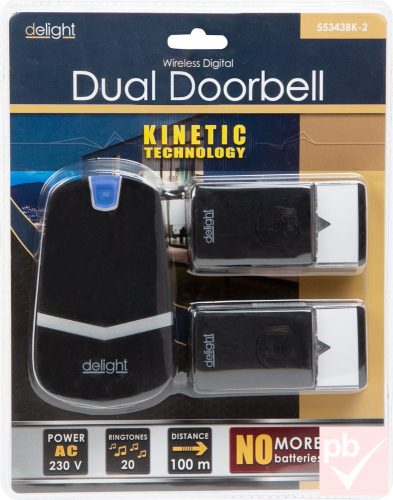Delight Kinetic elem és vezeték nélküli csengő 2db nyomógombbal (fekete)