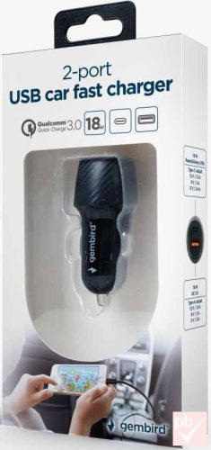 Gembird QC3.0 18W autós USB töltő 1db USB Type-C + 1db USB Type-A aljzattal (3A)
