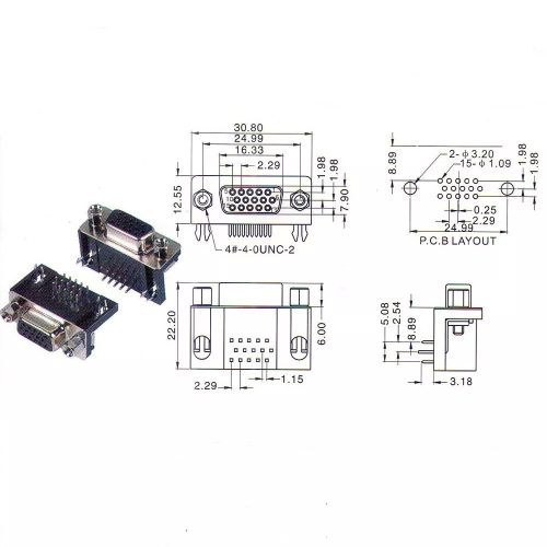 D-SUB csatlakozó, anya, 15 pin, 3 soros, 90°-os, forrasztható, ház nélkül