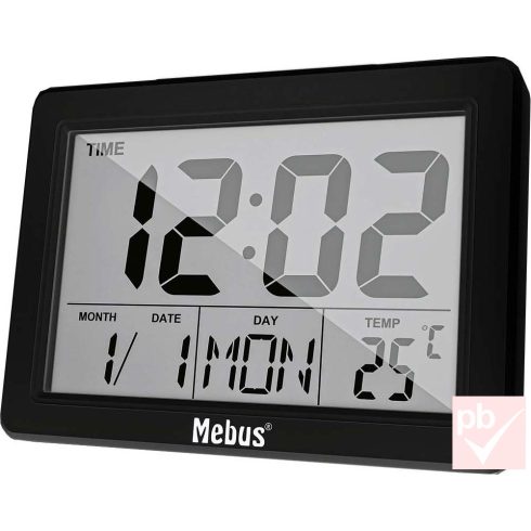 Mebus digitális ébresztőóra hőmérővel, dátum és nap kijelzéssel (fekete)