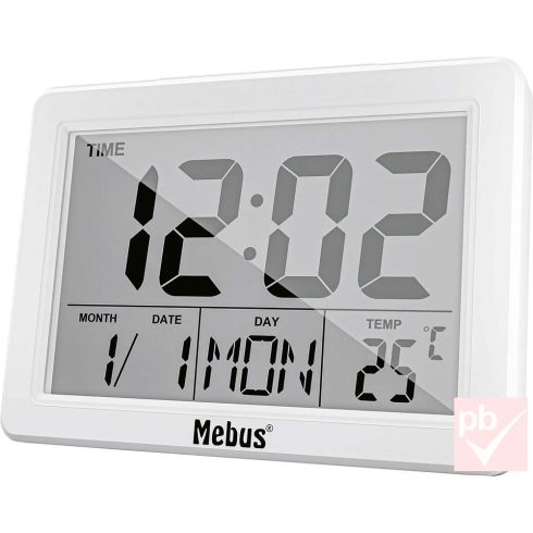 Mebus digitális ébresztőóra hőmérővel, dátum és nap kijelzéssel (fehér)