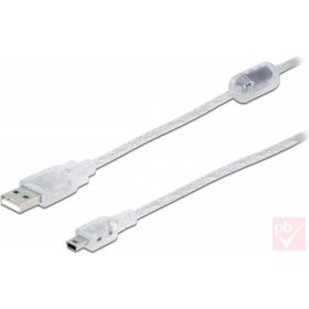   USB 2.0 A-mini B összekötő kábel 0.5m átlátszó, zavarszűrő ferritgyűrűvel
