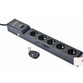   Hálózati elosztós hosszabbító, fekete, 5 aljzat, 2x USB, távirányítós, 1.8m