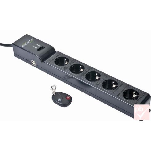 Hálózati elosztós hosszabbító, fekete, 5 aljzat, 2x USB, távirányítós, 1.8m