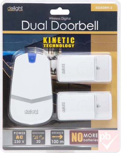 Delight Kinetic elem és vezeték nélküli csengő 2db nyomógombbal (fehér)