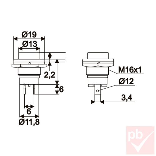Nyomógomb, kerek, 1 körös, 2 láb, fekete, 250V 2A
