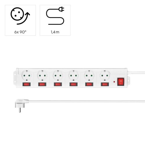Hálózati elosztós hosszabbító, fehér, 6 külön kapcsolható aljzat + főkapcsoló 1.4m