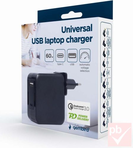 Gembird Universal USB Laptop Charger laptop töltő (USB A-C, 60W, PD, QC3.0)