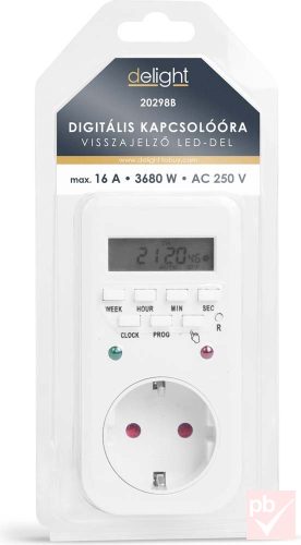Delight 20298B digitális kapcsolóóra visszajelző LED-ekkel, 250V 16A