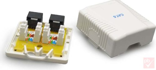 RJ45 fali doboz, 2db 8P8C aljzat, Cat6, műanyag, fehér