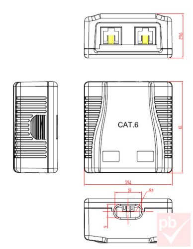 RJ45 fali doboz, 2db 8P8C aljzat, Cat6, műanyag, fehér