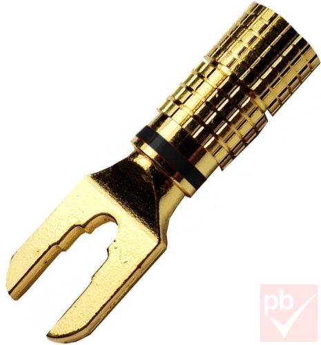 Kábelsaru, M6/M5/M3, hangfalhoz - mélynyomóhoz, villás, aranyozott, fekete