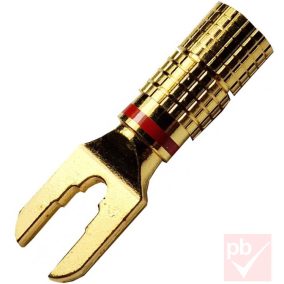   Kábelsaru, M6/M5/M3, hangfalhoz - mélynyomóhoz, villás, aranyozott, piros